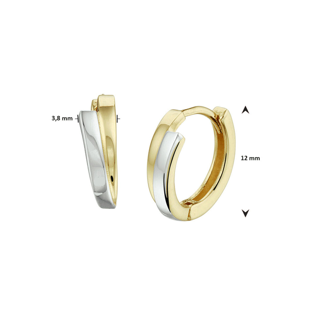 Een paar klapoorringen bicolor gestift 14K geelgoud van Van der Kooij Collectie, afgebeeld aan de voor- en zijkant. Deze gepolijste hoepels zijn 12 mm in doorsnede en 3,8 mm breed.