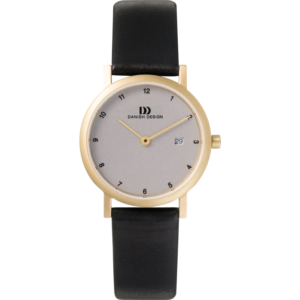 Orologio con cassa dorata, quadrante grigio e cinturino in pelle nera.