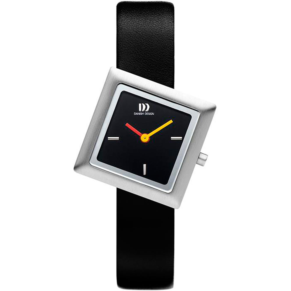 Orologio da donna con quadrante nero, cassa quadrata in acciaio e cinturino in pelle nera.