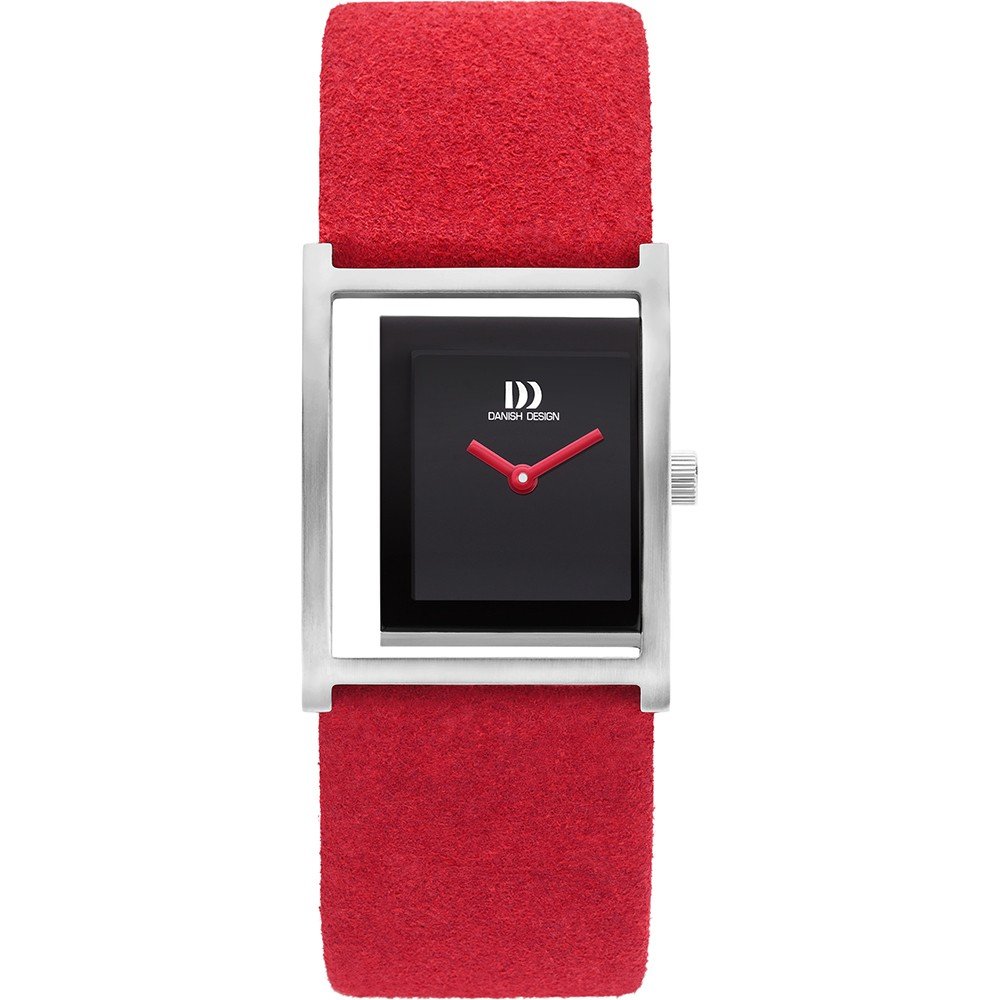 Orologio da donna con quadrante nero, cassa quadrata in acciaio e cinturino in feltro rosso.