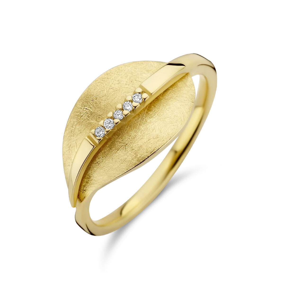 Anello in oro giallo 14K con finitura opaca e diamanti incastonati.