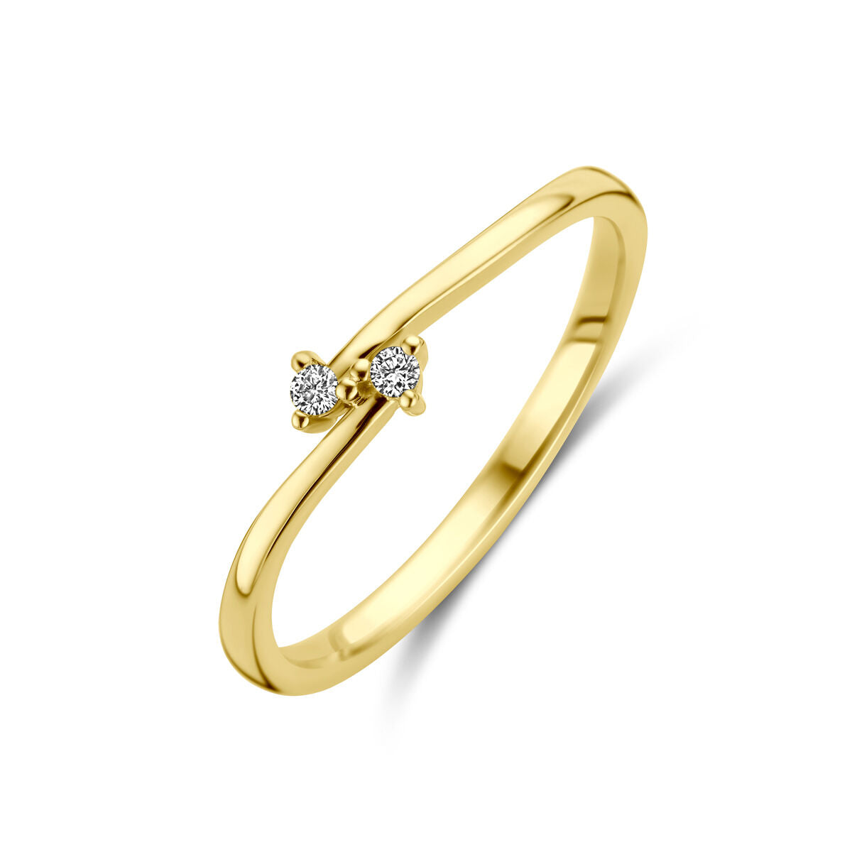 Anello in oro giallo 14K con due diamanti da 0,03 ct, design semplice e raffinato.