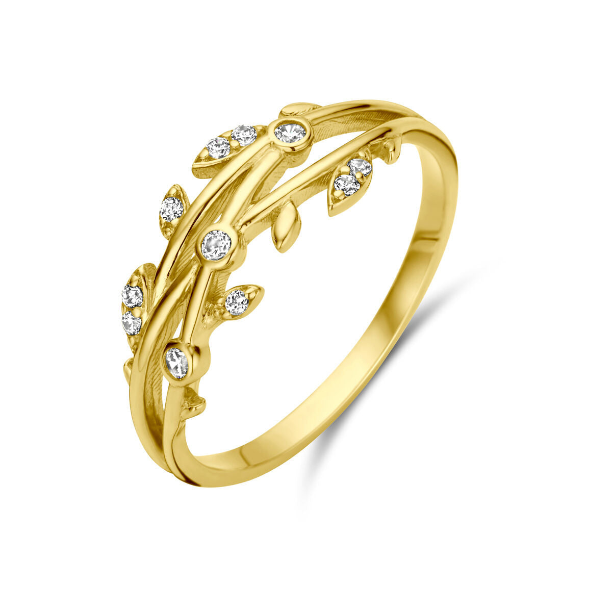 Anello in oro giallo 14K con zircone, design a foglia con dettagli lucidi.
