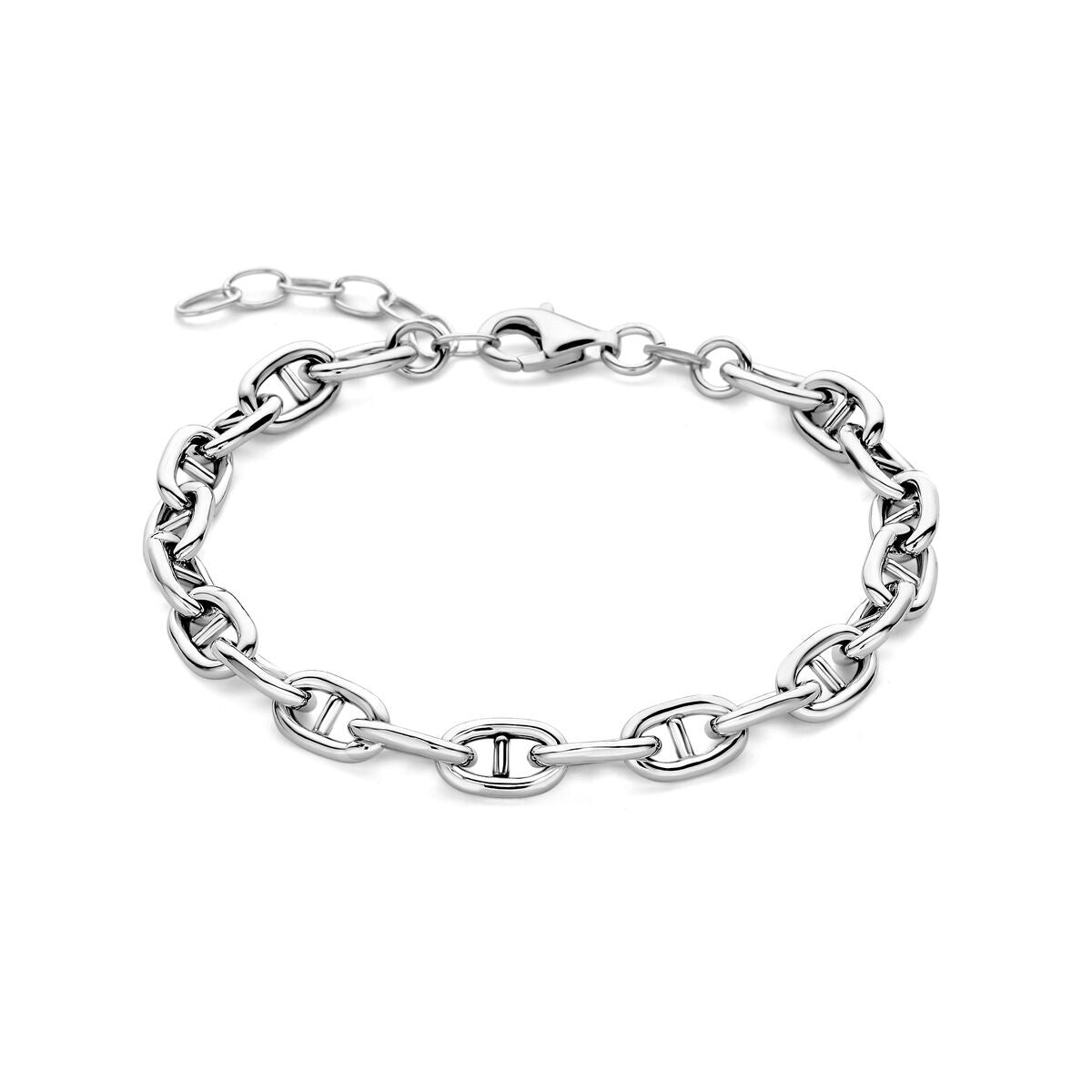 Bracciale in argento rodiato con maglie rotonde di 6,0 mm, lunghezza 16 + 3 cm.