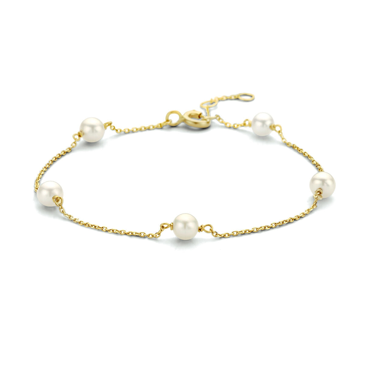 Bracciale in oro 14K con perle bianche, design delicato e raffinato.