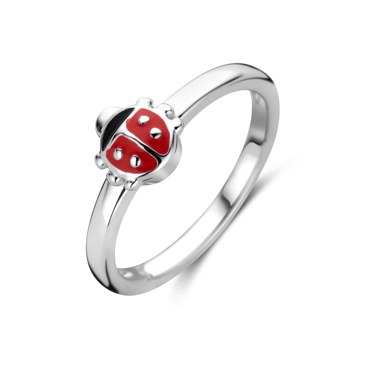Anello in argento rodiato con coccinella rossa e dettagli in cristallo.