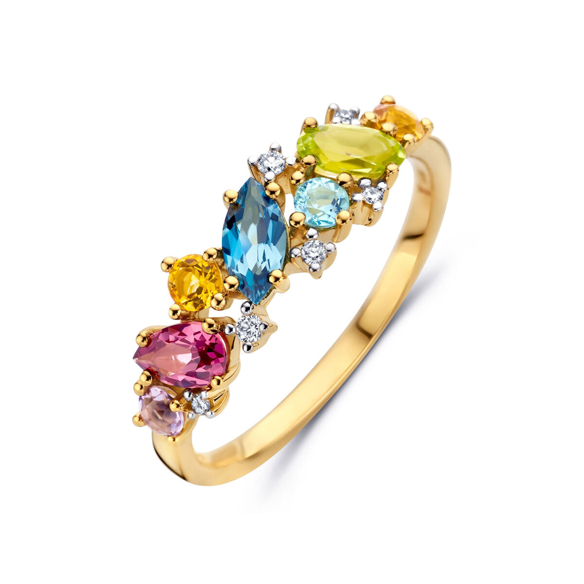 Anello in oro giallo 14K con pietre preziose naturali multicolori e diamanti da 0,04 ct.