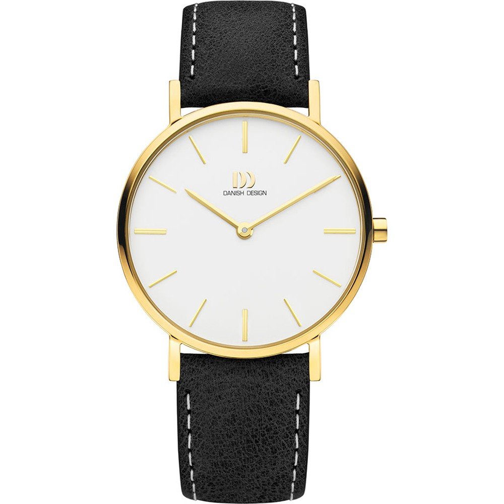 Orologio con cassa dorata, quadrante bianco e cinturino in pelle nera.