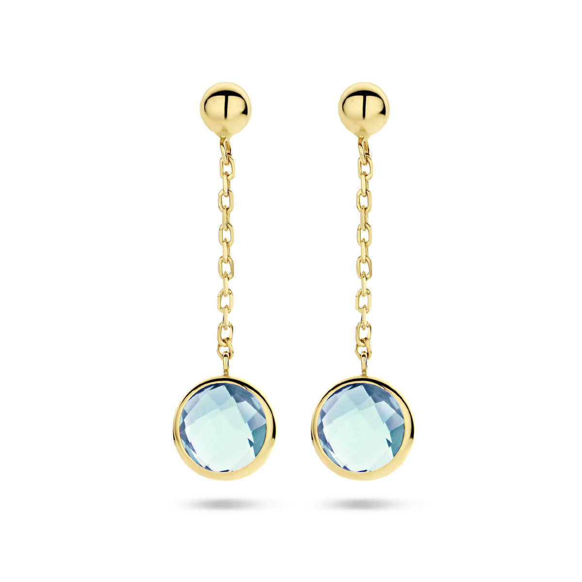 Orecchini in oro giallo 14K con topazi blu pendenti e catena.