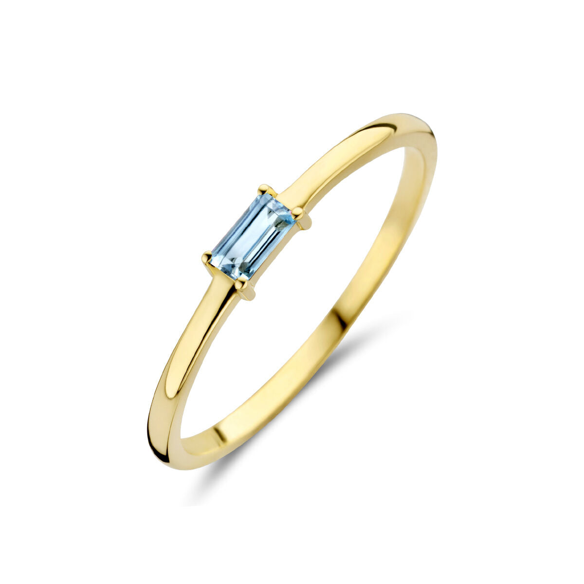 anello in oro giallo 14K con topazio blu a forma rettangolare