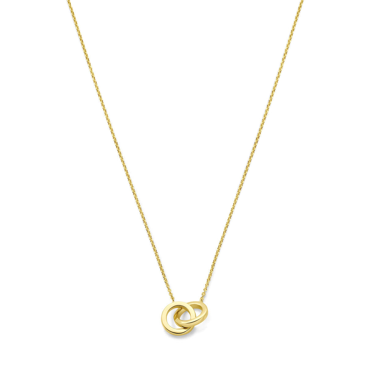 Collana in oro giallo 14K con pendente a cerchi intrecciati, lunghezza 40-42-44 cm.