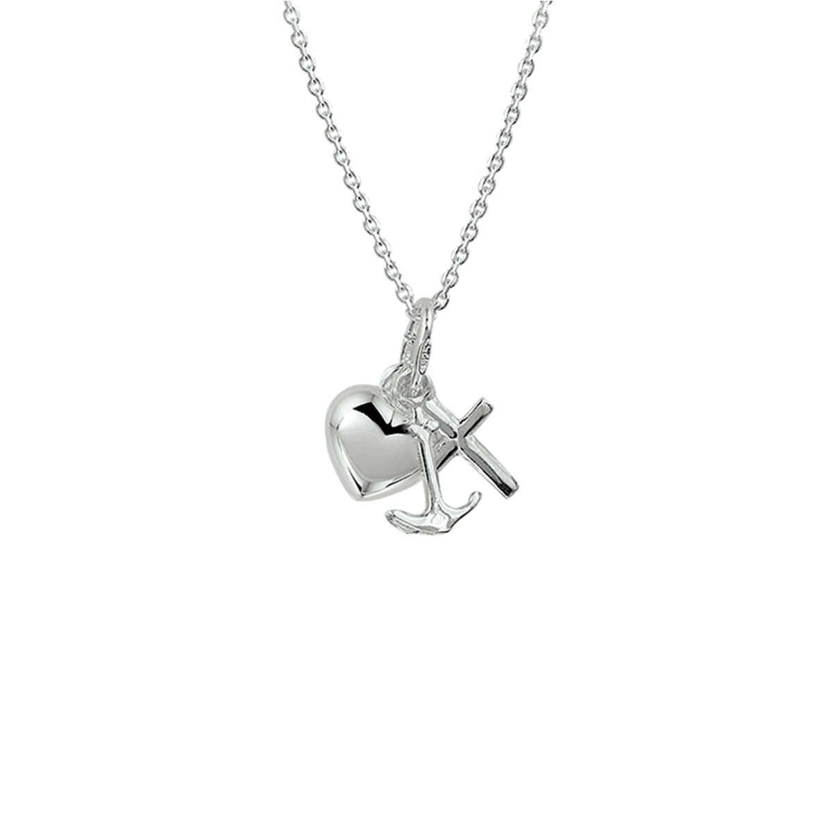 Collana in argento bianco con ciondoli a forma di cuore, croce e ancora, lunghezza 41 + 4 cm.