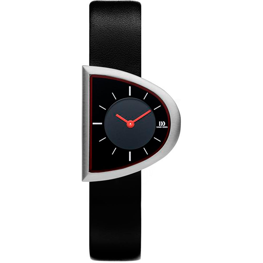 Orologio da donna con quadrante nero, cassa argentata a forma di triangolo e cinturino in pelle nera.