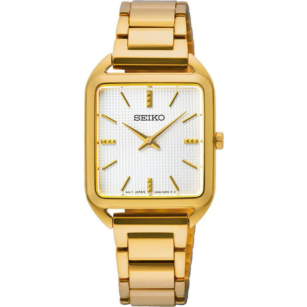 Orologio da donna Seiko con cassa quadrata dorata e bracciale in acciaio dorato, quadrante bianco.