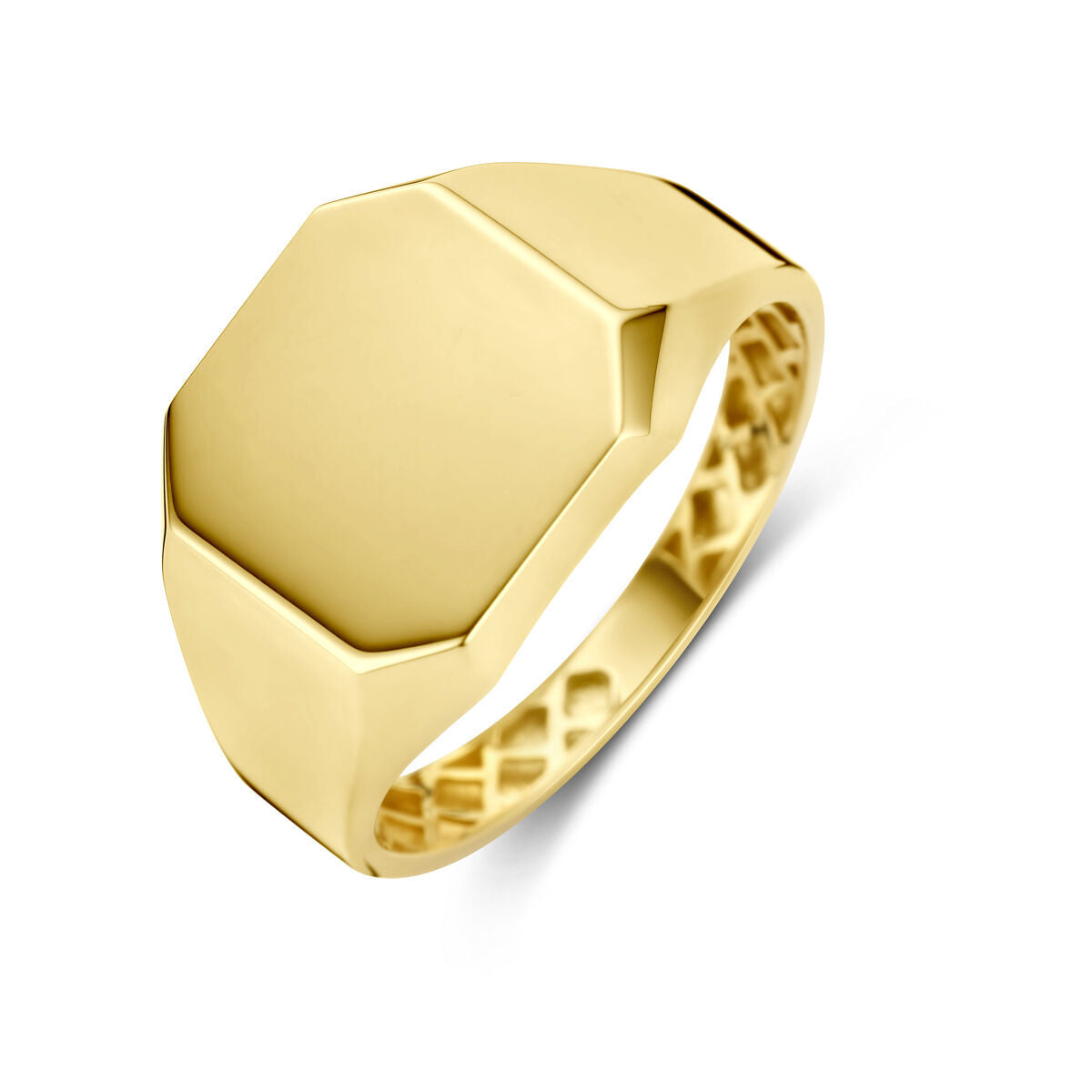 Anello in oro giallo 14K con forma ottagonale e superficie liscia.