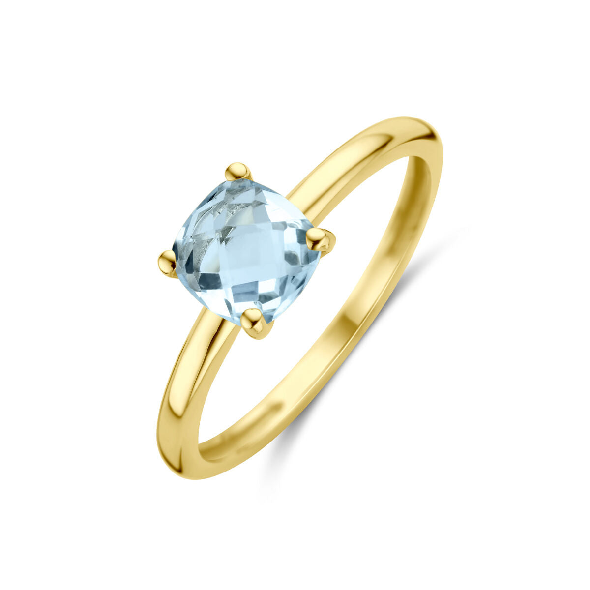 anello in oro giallo 14K con topazio azzurro a taglio quadrato