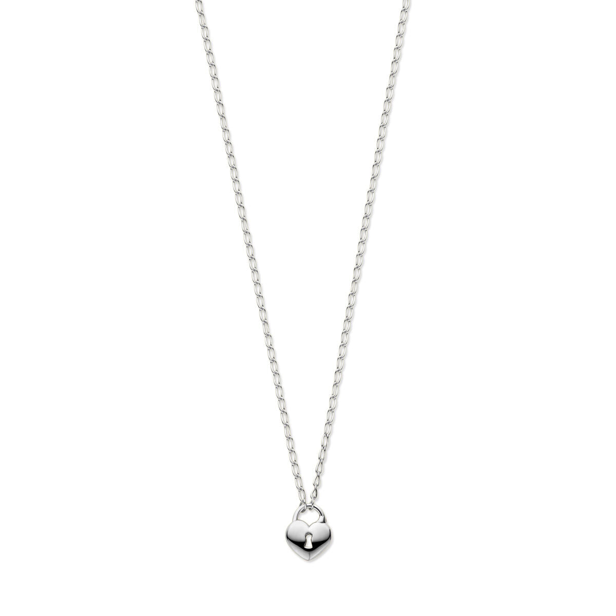 Collana argentata con ciondolo a forma di cuore e lucchetto, finitura rodiata.