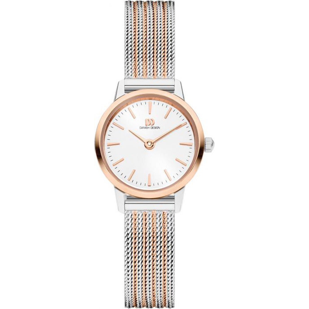 Orologio con cassa rotonda in acciaio inox e dettagli dorati, quadrante bianco e cinturino in maglia rolò argentata.