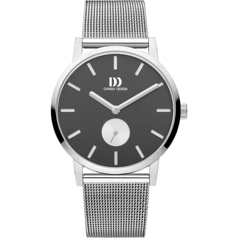 Orologio da uomo con quadrante grigio, cassa in acciaio inox e cinturino in maglia metallica.