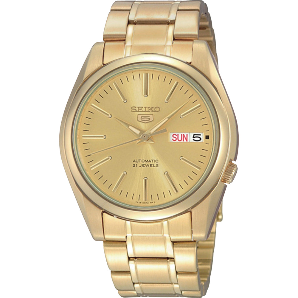 De Seiko heren horloge SNKL48K1 heeft een automatisch uurwerk, Hardlex mineraalglas, gouden band en wijzerplaat, dag- en datumaanduiding op 3 uur en elegante stick indexen.
