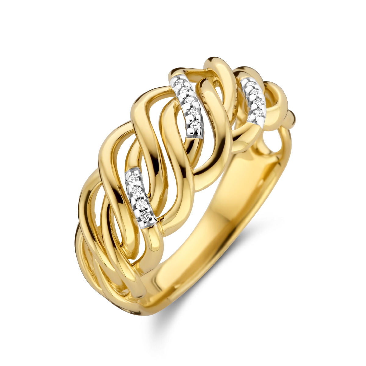 Anello in oro giallo 14K con diamanti da 0,04 ct, design intrecciato.