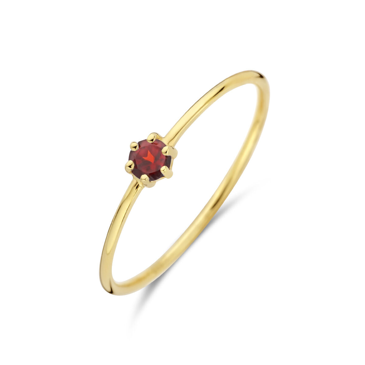 Anello in oro giallo 14K con pietra di nascita granato rossa.