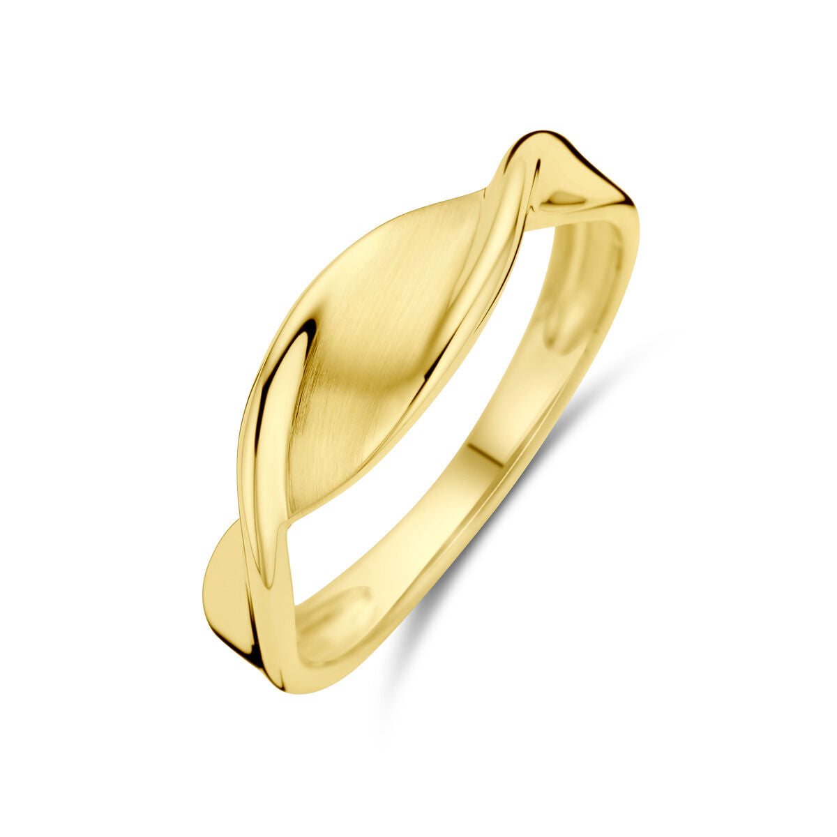anello in oro giallo 14K con finitura opaca e lucida, design a forma di foglia.