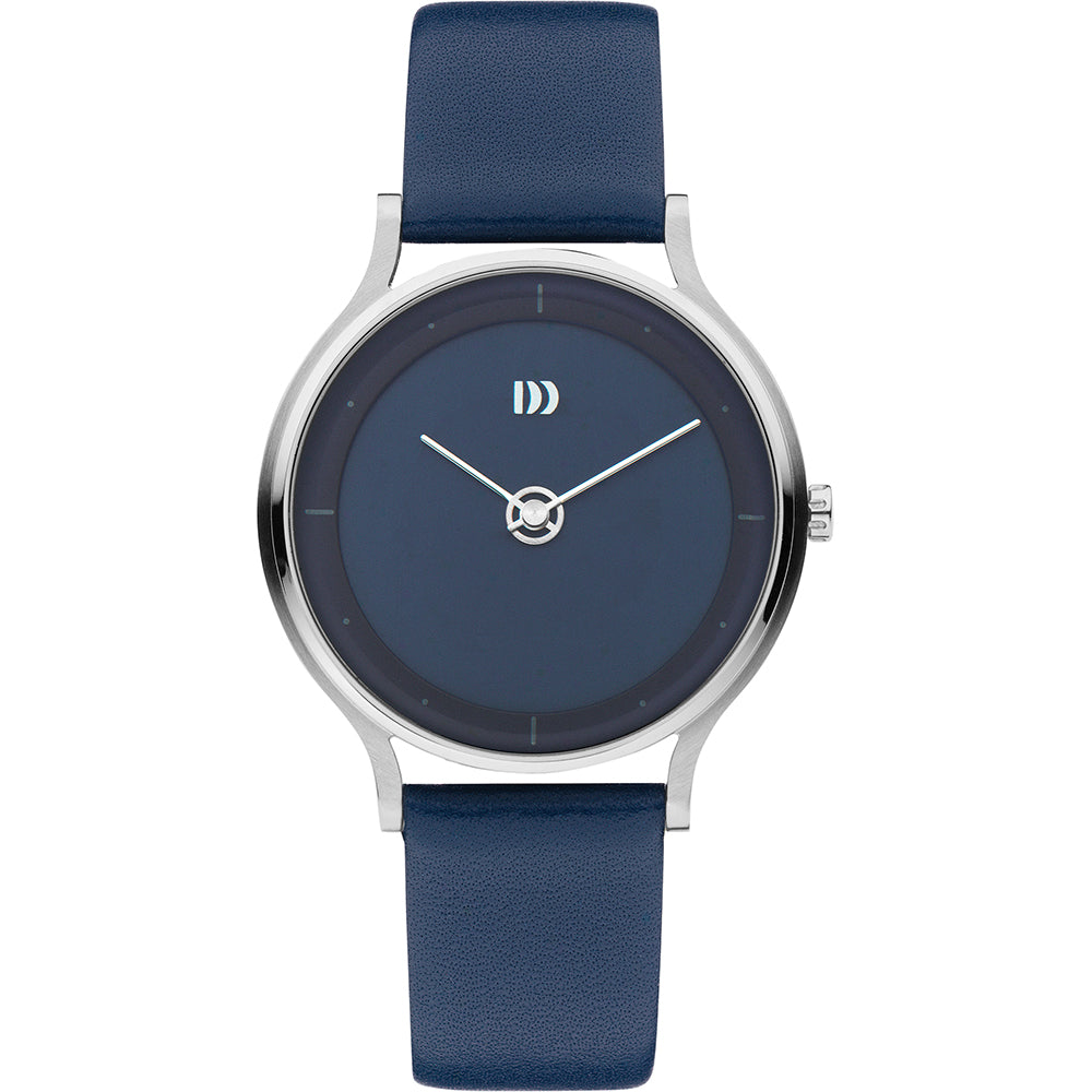 Orologio con quadrante blu e cinturino in pelle blu, cassa in acciaio inox lucido.