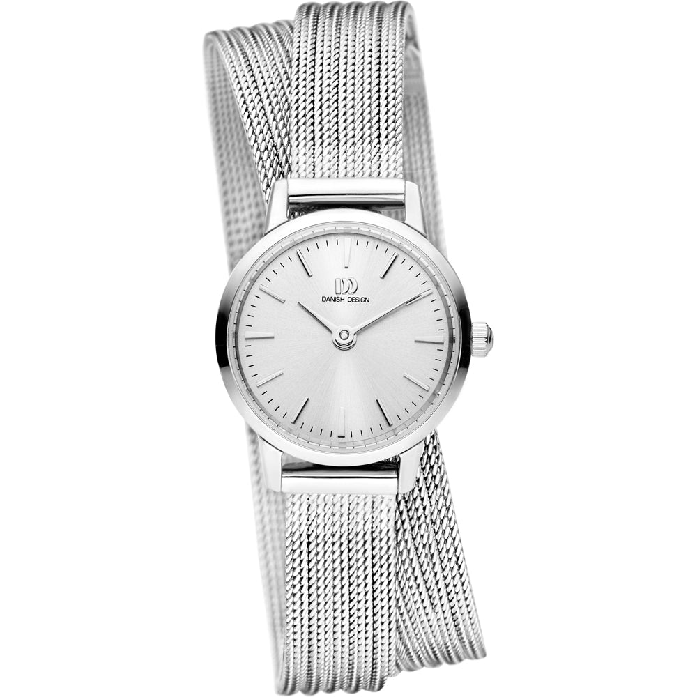 Orologio con cassa argentata e quadrante bianco, cinturino in maglia rolò argentata.