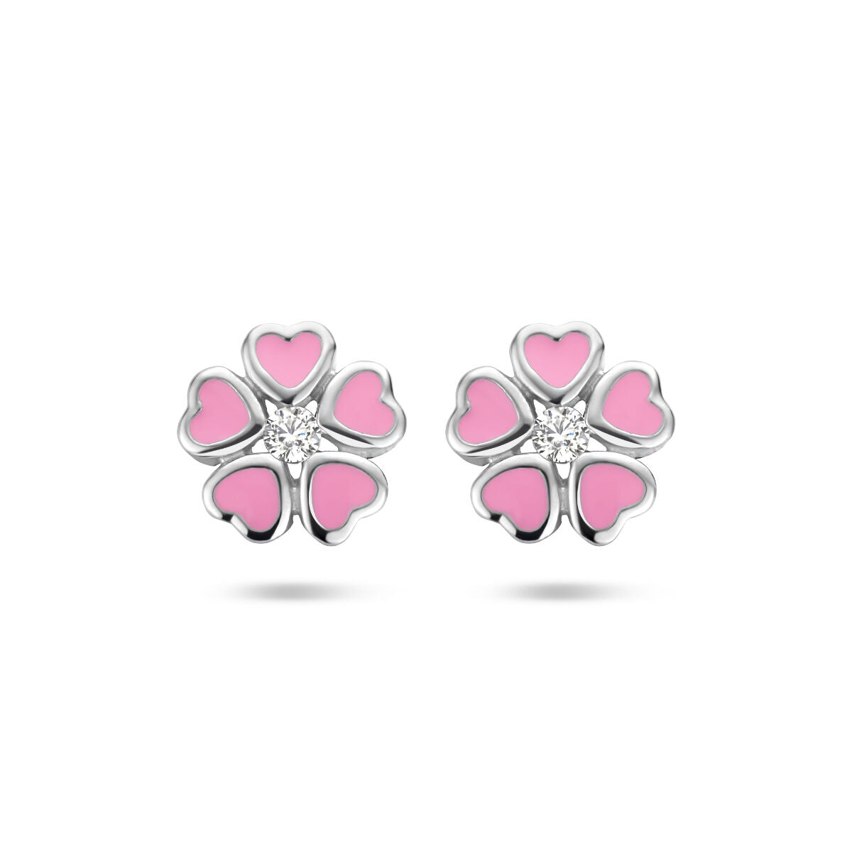 Orecchini a forma di fiore con petali rosa e zircone, in argento rodiato.