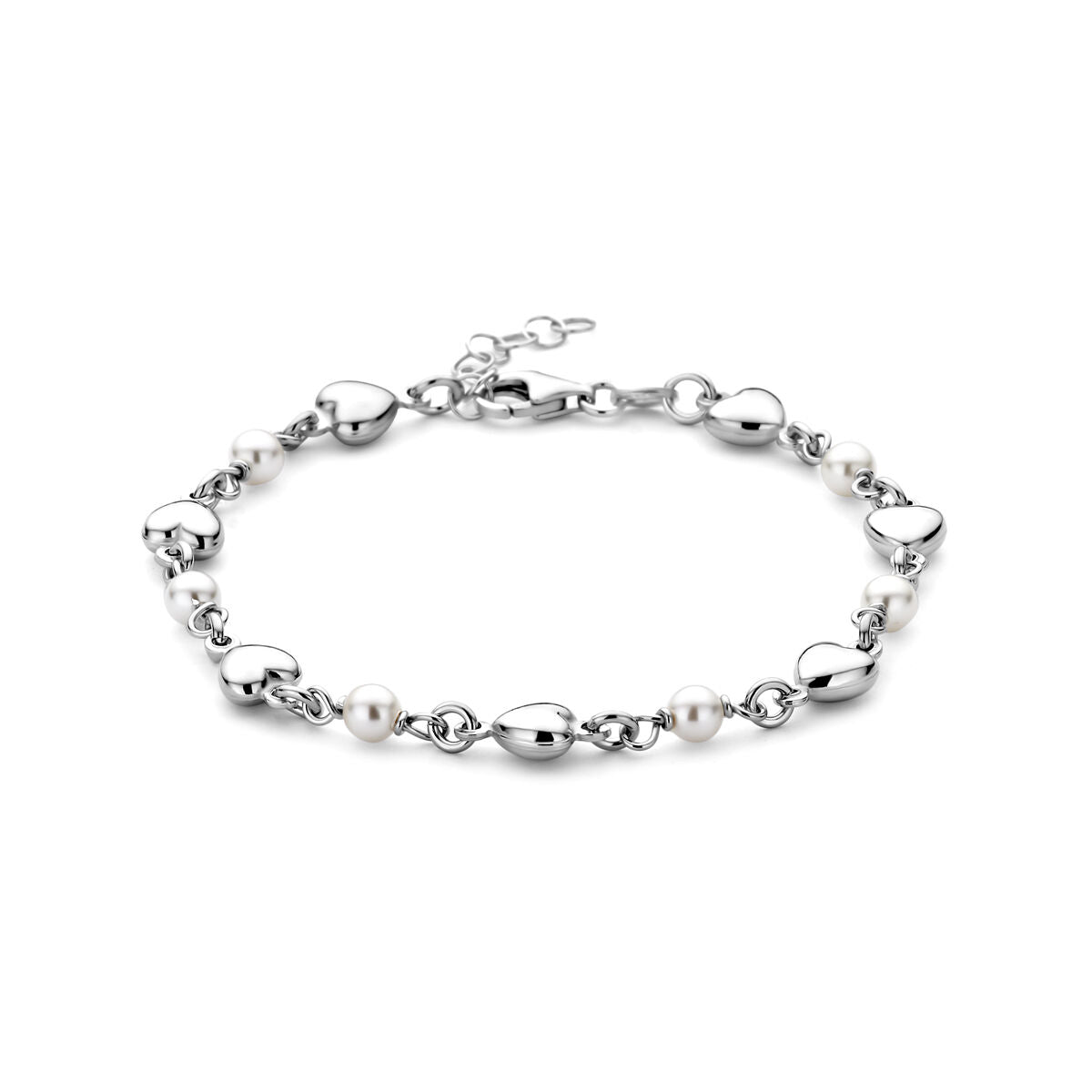 Bracciale argento con cuori e perle di Swarovski, finitura rodiata.