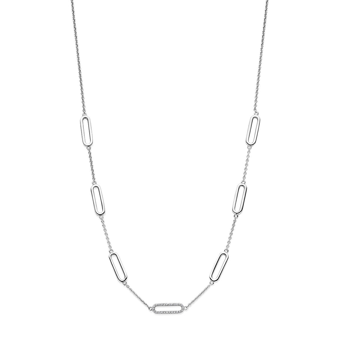 Collana in argento rodiato con elementi ovali e zirconi, lunghezza 42 + 3 cm.