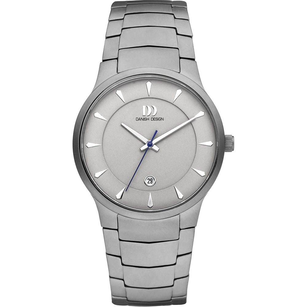 Orologio con cassa e bracciale in acciaio inox, quadrante grigio con lancette blu e indici a bastone.