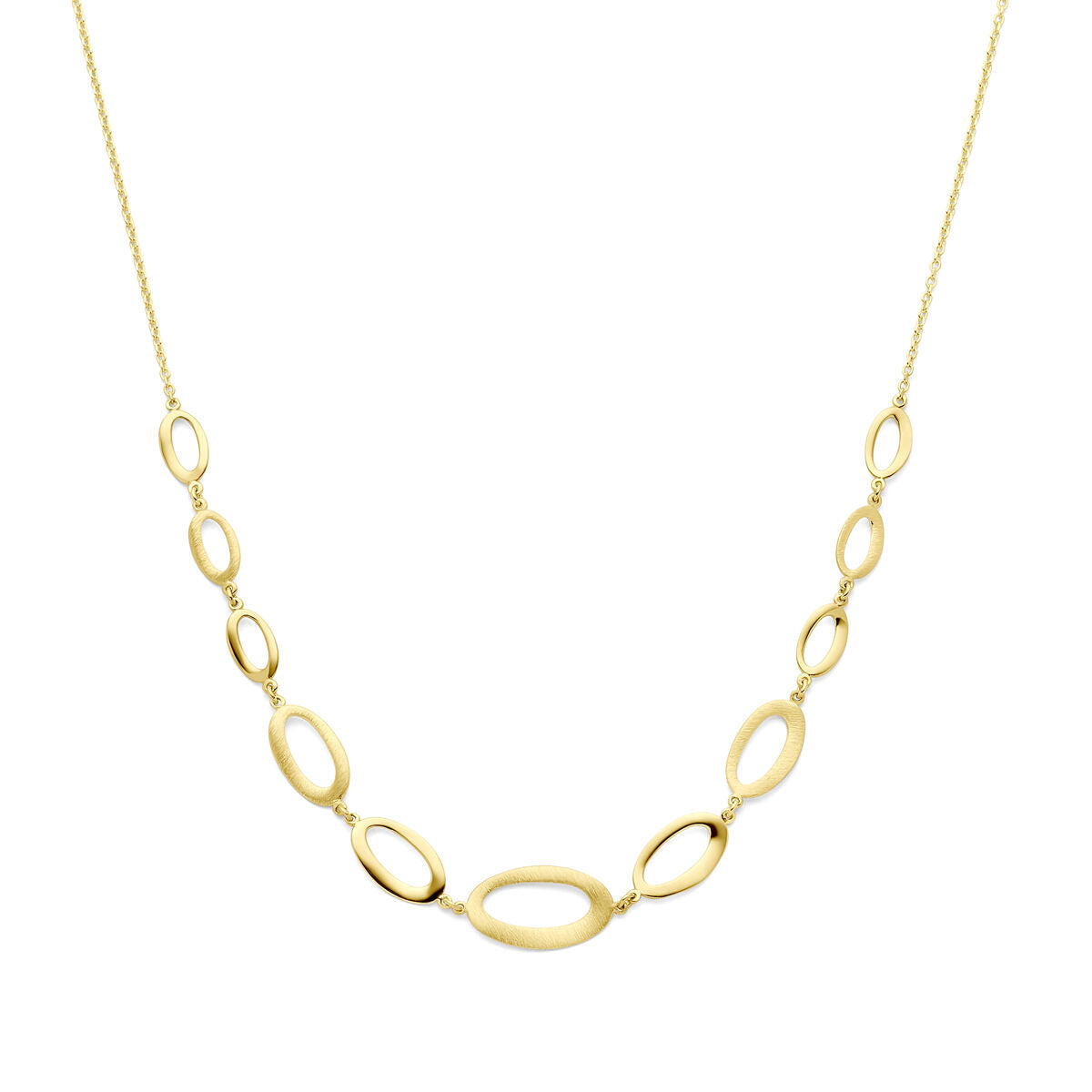 Collana in oro giallo 14K con finitura lucida e opaca, composta da ovali intrecciati.