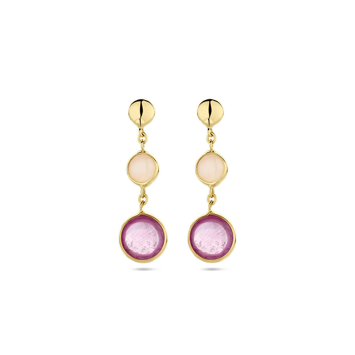 Orecchini in oro giallo 14K con rosa rubino e rosa opale, forma pendente.
