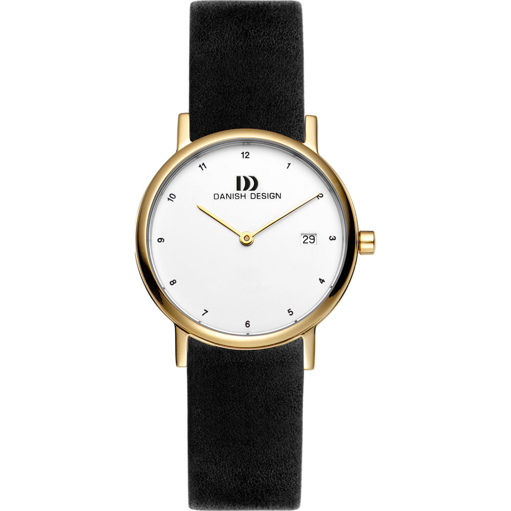 Orologio con cassa dorata, quadrante bianco e cinturino in pelle nera.