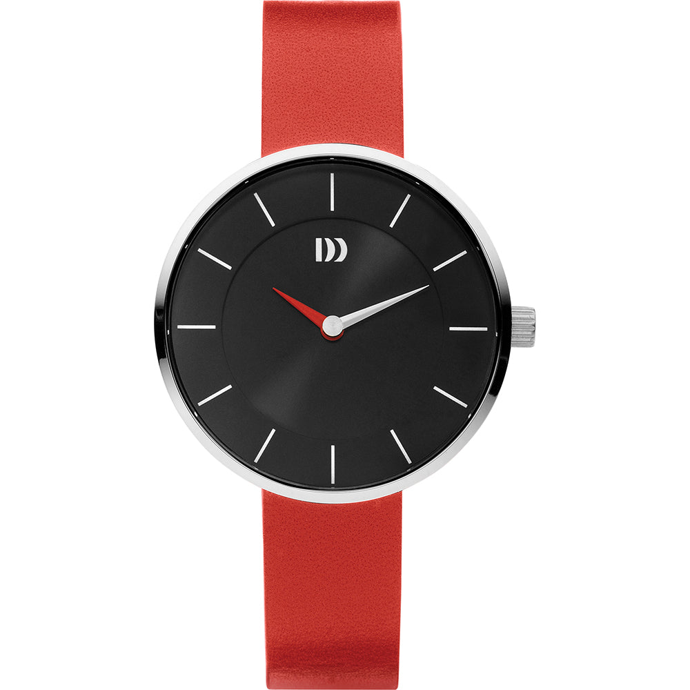 Orologio con quadrante nero, cassa argentata e cinturino rosso.