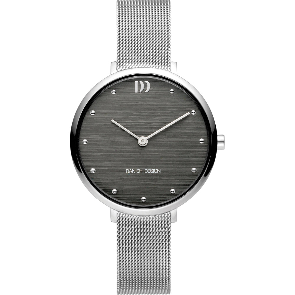 Orologio con quadrante grigio e cassa in acciaio, cinturino in maglia d'acciaio.