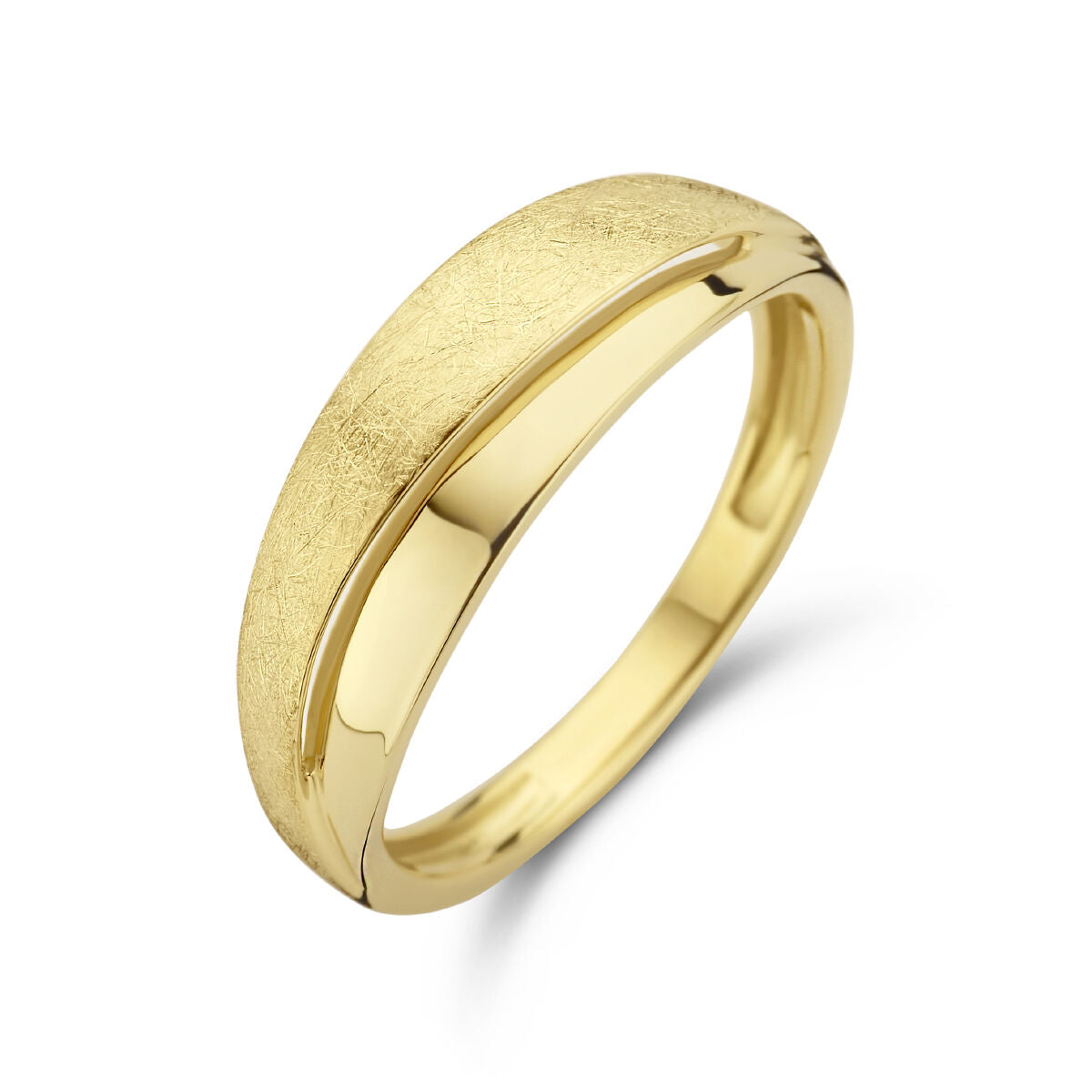 Anello in oro giallo 14K con finitura opaca e lucida, forma liscia e semplice.