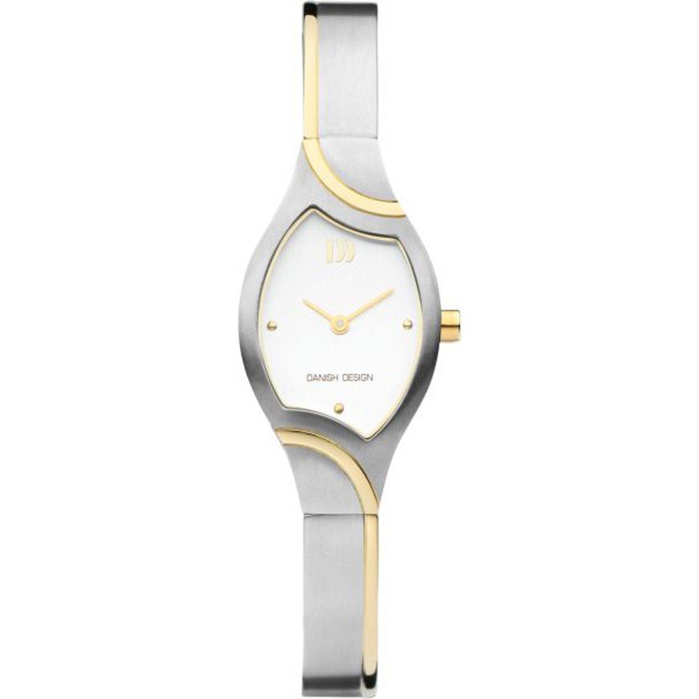 Orologio in acciaio inox con dettagli dorati, quadrante bianco e cassa ondulata.