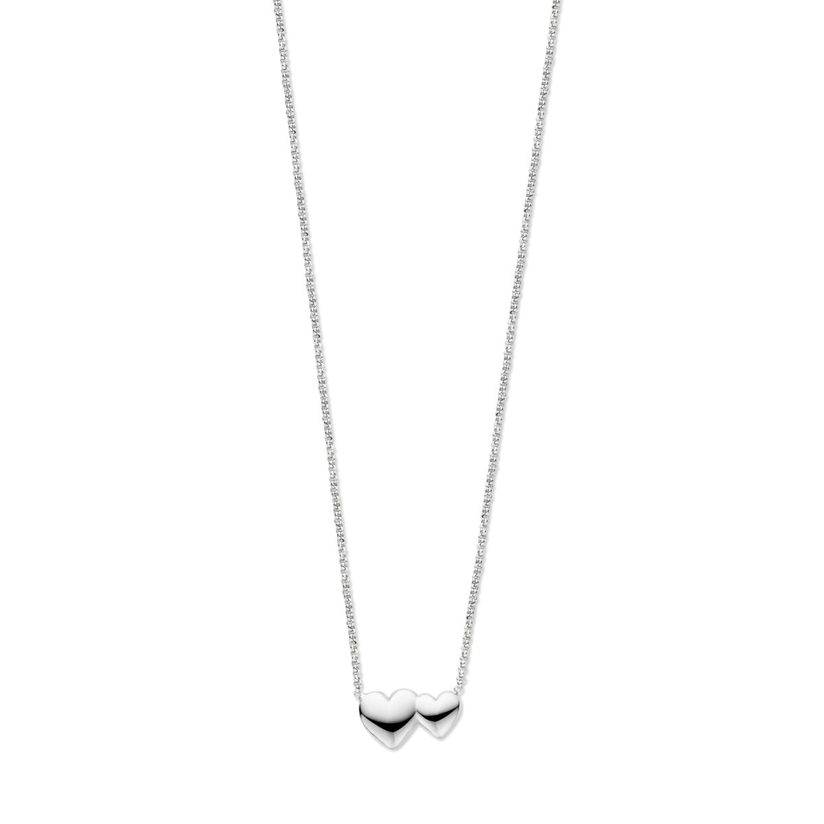 Collana in argento rodiato con pendente a forma di cuori, lunghezza 41 + 4 cm.