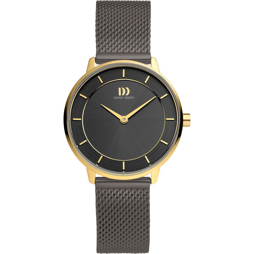 Orologio con cassa dorata, quadrante nero e cinturino in maglia grigia.