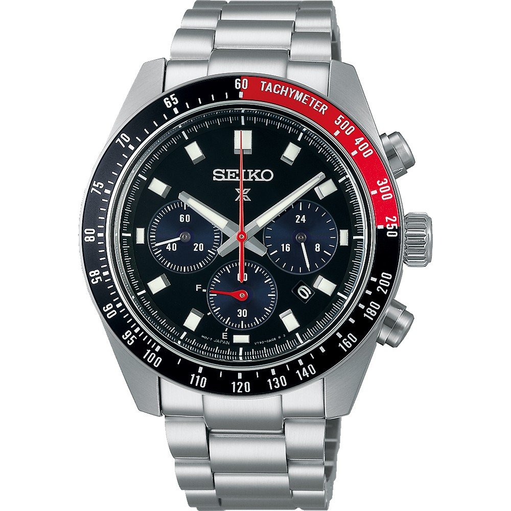 Orologio da uomo Seiko Prospex con cassa in acciaio inox, quadrante nero e cinturino a maglia rolò.