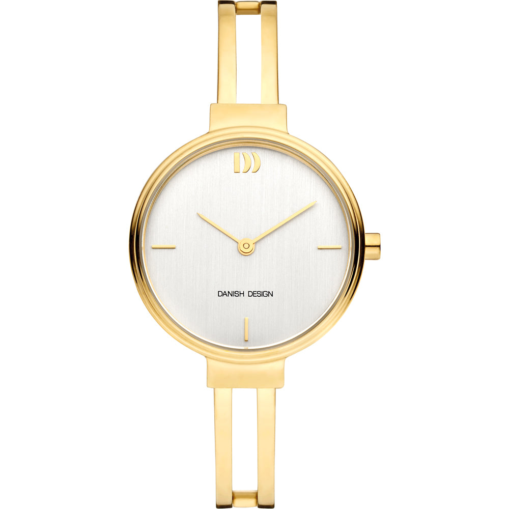 Orologio dorato con quadrante argentato e cinturino in metallo lucido.