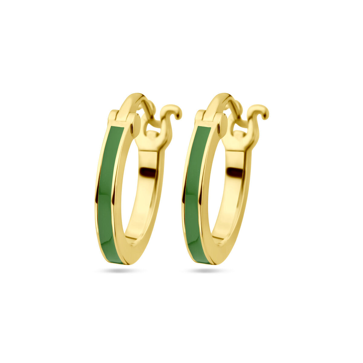 Orecchini alla creola in argento dorato con smalto verde.