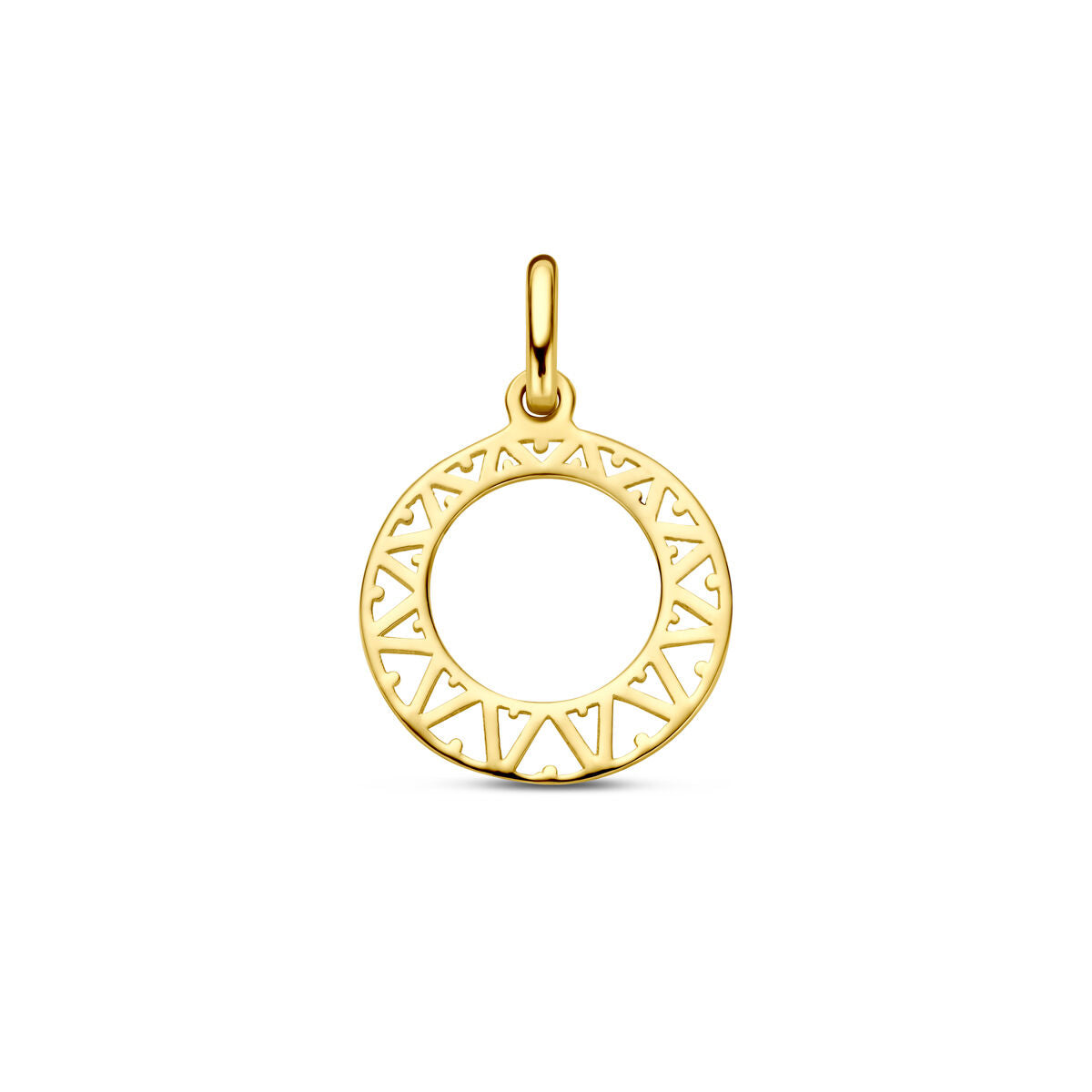 Ciondolo circolare in oro giallo 14K con motivo intagliato.