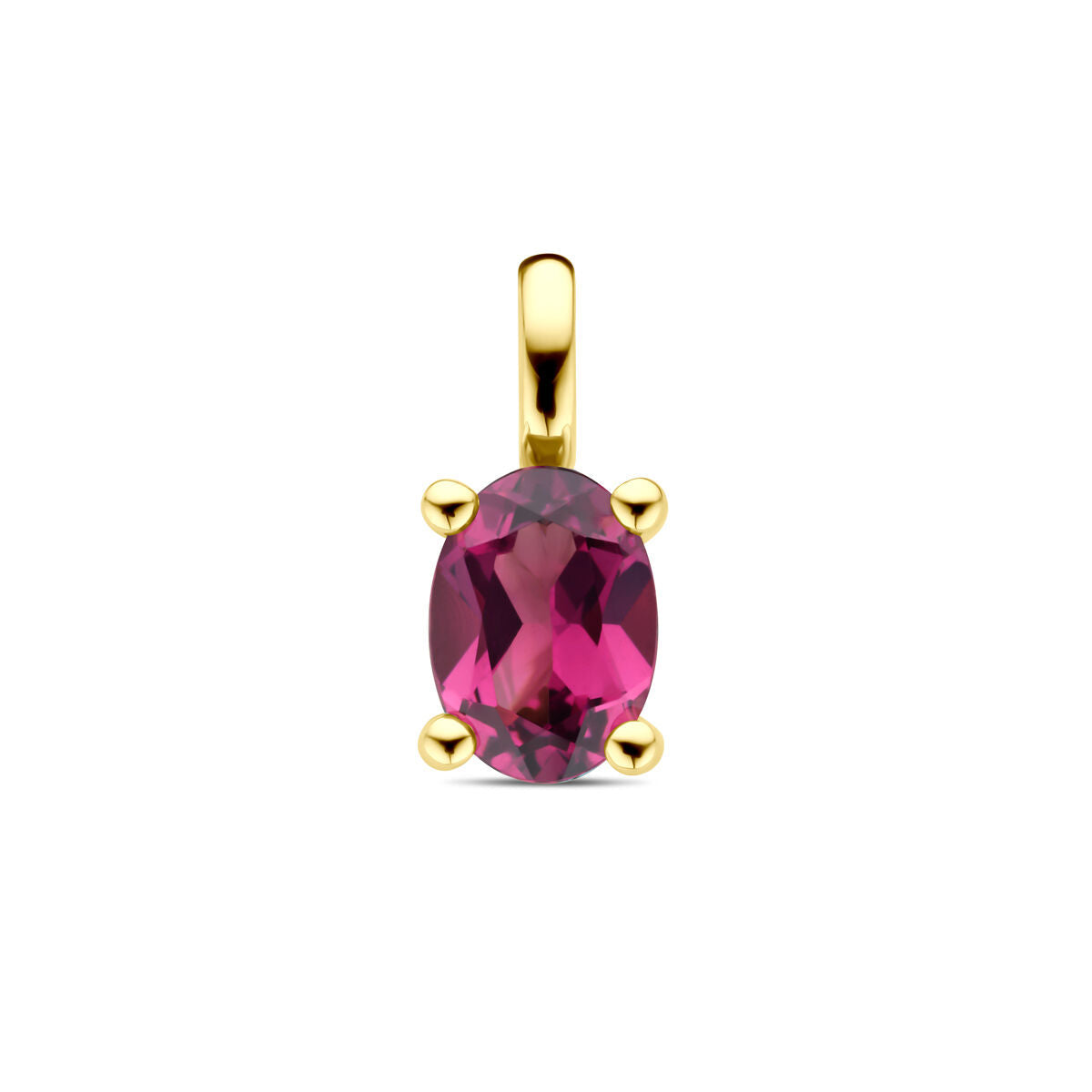 Ciondolo in oro giallo 14K con una pietra ovale di rodolite rosa.