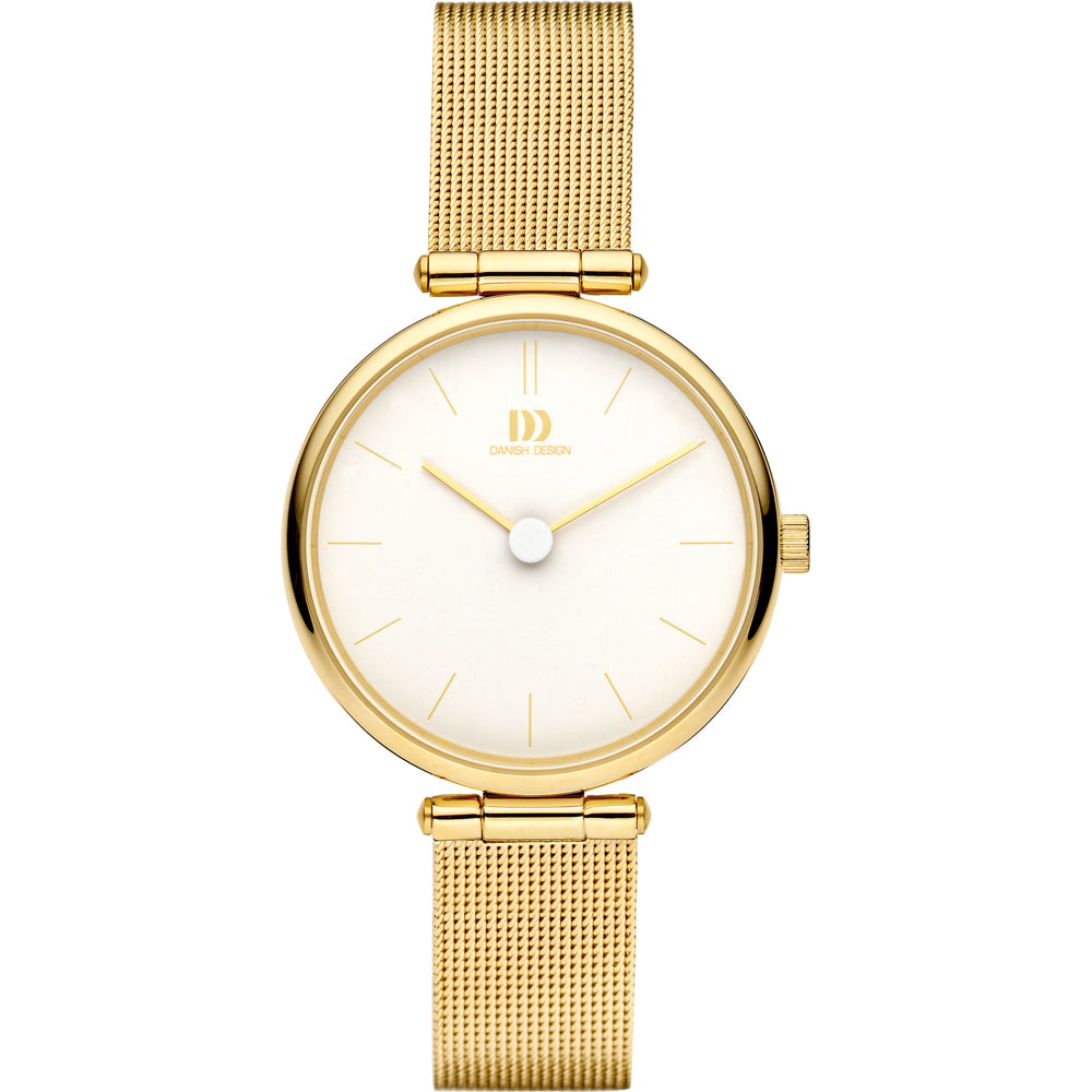 Orologio da donna con cassa rotonda dorata, quadrante bianco e cinturino a maglia.