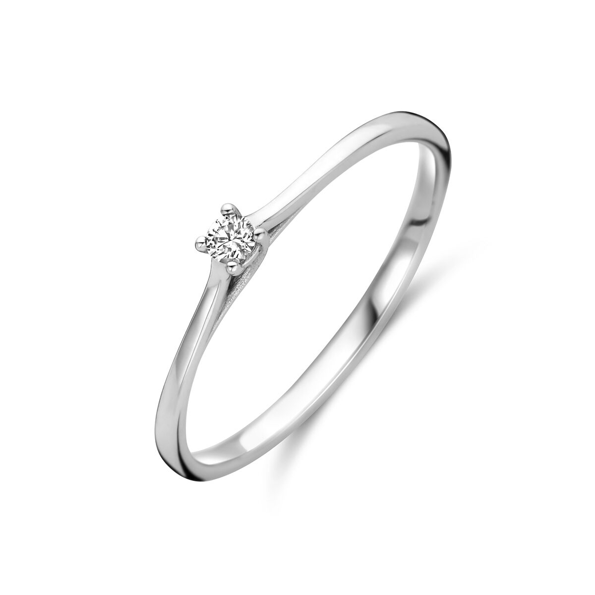 Anello in oro bianco 14K con diamante di 0,05 ct, design sottile e elegante.
