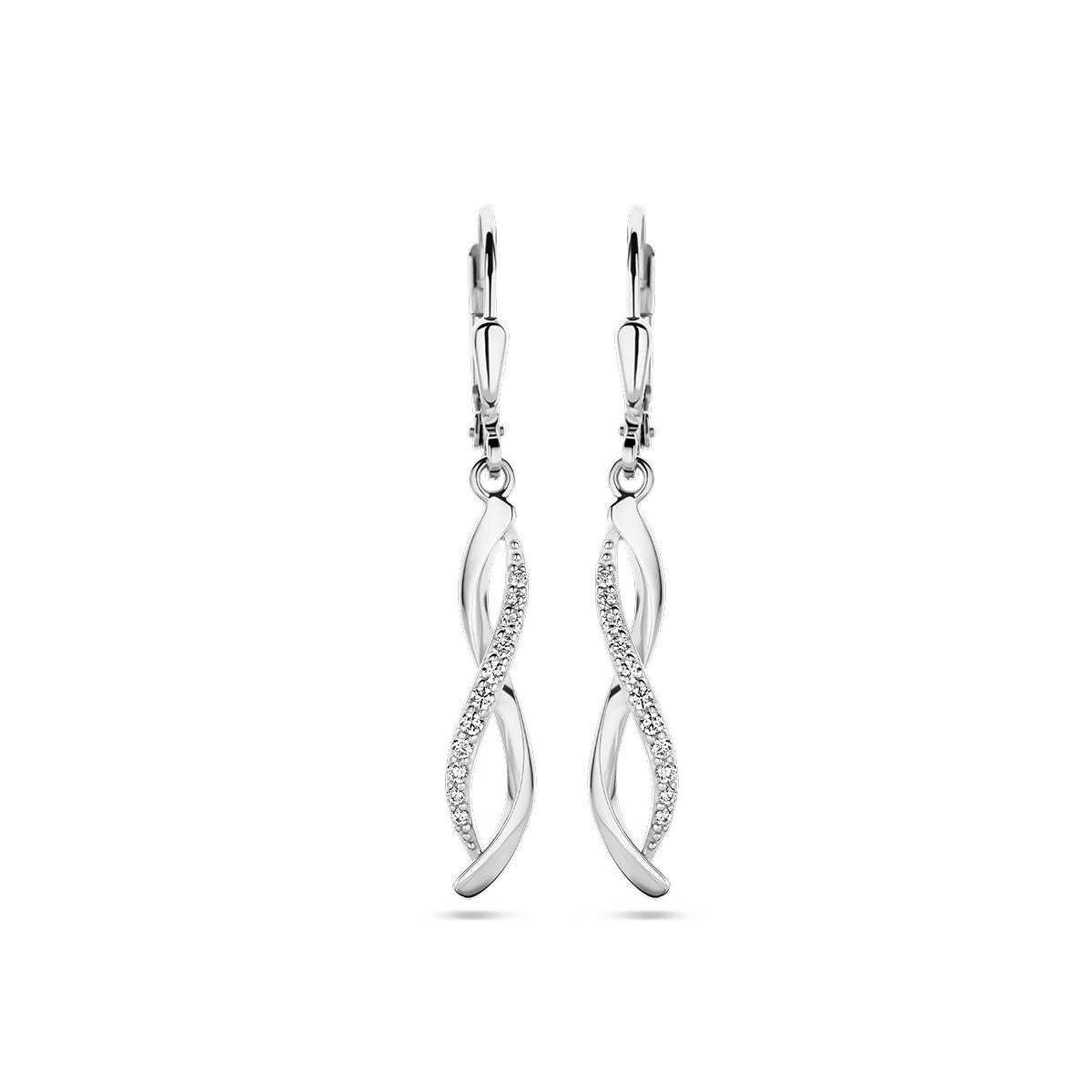 Orecchini in argento rodiato con zircone, design a spirale.
